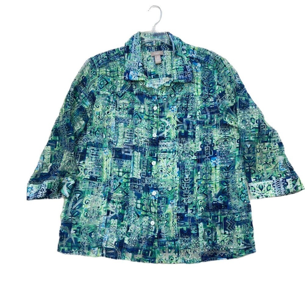 Chicos Button Down Shirt Size 3 XL Blue Green Semi Sheer 3/4 Sleeves Lightweight
